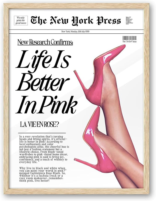 iHery Natural OAK Wood Retro Baby Pink News Framed Wall Art, 12x16 in Life Is Better In Pink Canvas Wall Decor, Beige Modern Trendy Newspaper Bedroom Decor, Set of 1 For Bathroom Living Room