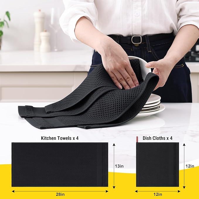 Homaxy Kitchen Towels and Dishcloths Set, 12 x 12 and 13 x 28 Inches, Set of 8 100% Cotton Waffle Weave Kitchen Towels, Super Soft and Absorbent Dish Cloths, Black
