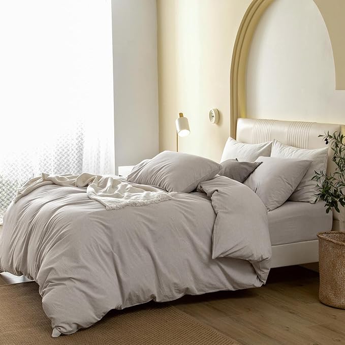 JIYUAN 100% Washed Cotton Duvet Cover Set 3 Pieces Cal King, 1 Duvet Cover 104x98 Inches(Comforter Not Included) and 2 Pillowcases,Linen Feel Bedding Set Comfy and Breathable, Heathered Cream Grey