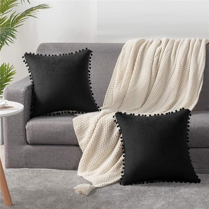 DEZENE Decorative Pillow Covers 22x22 Black: 2 Pack Cozy Soft Pom-poms Velvet Square Throw Pillow Cases for Farmhouse Home Decor