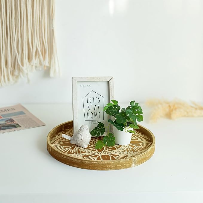 Hanobe Round Decorative Tray for Centerpiece: 2Pcs Vintage Coffee Table Trays with Boho Bead Garlandfor Home Decor - Farmhouse Wood Serving Platter Circle for Kitchen Counter Women