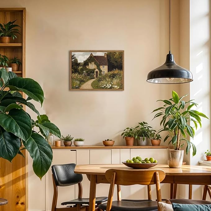 Vintage Farmhouse Wall Art, Retro Landscape Wall Decor Paintings, 3D Textured Hand Drawn Sandstone Nature Botanical Farm House Artwork for Bedroom Living Room 12x16 inch Wood Framed