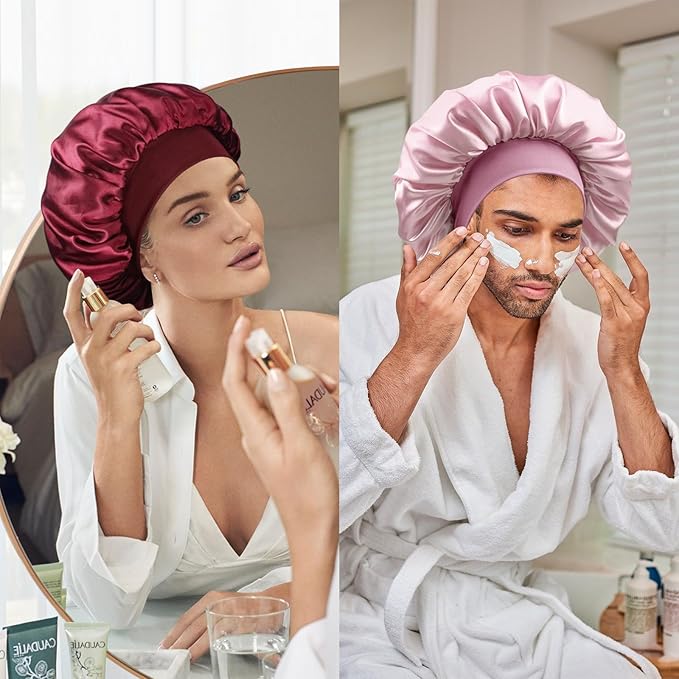 Satin Silk Bonnet for Sleeping, Double Layer Silk Sleep Cap for Men & Women, Soft Satin Lined Bonnet for Natural & Curly Hair(BeanPaste Pink)