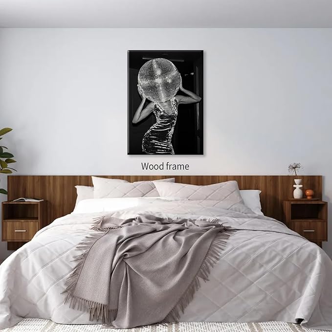 Vintage Funky Y2k Hot Girl Poster Black and White Disco Ball Canvas Wall Art 12x16 inch Framed Trendy Preppy Bar Cart Decor for Living Room Dorm
