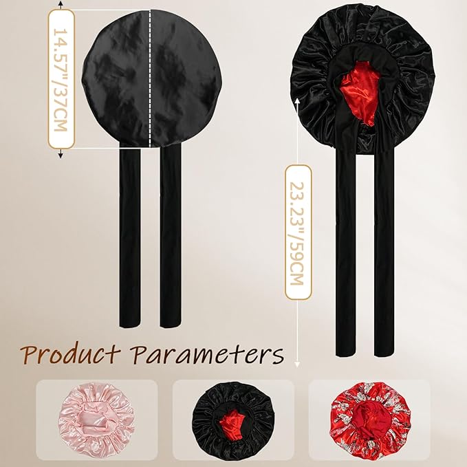 Silk Bonnet for Sleeping Women Satin Hair Cap with Tie Brand Curly Hair Sleep Protection Silk Head Wrap Double Layer - Black