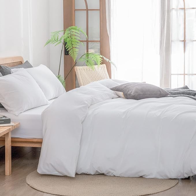 BESTOUCH Duvet Cover Set 100% Washed Cotton Linen Feel Super Soft Comfortable Chic Lightweight 3 PCs Home Bedding Set Solid Bright White Oversized Queen