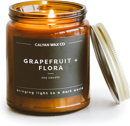 Calyan Wax Co. Candle, Grapefruit + Flora Scented Candle, 57 Hour Burn Time, Aromatherapy Soy Candles, Non Toxic & Vegan Soy Wax, Amber Glass Jar Scented Candles, 7.2oz