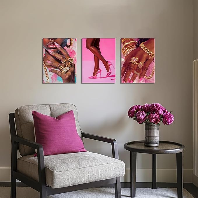 Black Girl Wall Art Set of 3 Pink Fashion Black Woman Canvas Wall Decor Pictures African American Women Paintings Home Decor Posters Prints for Living Room Bedroom Bathroom 16x24Inch Framed