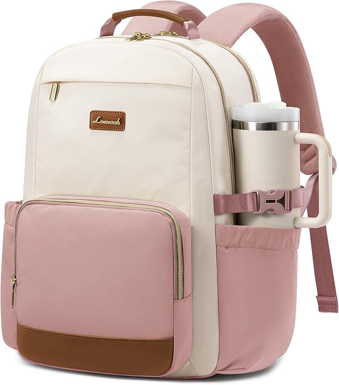 LOVEVOOK Laptop Backpack for Women with Pouch Pocket for Large Capacity Cup,18 Inch Teacher Nurse College Work Backpack Purse,Waterproof Laptop Bag Computer Back Pack for Travel, Beige-Pink-Brown
