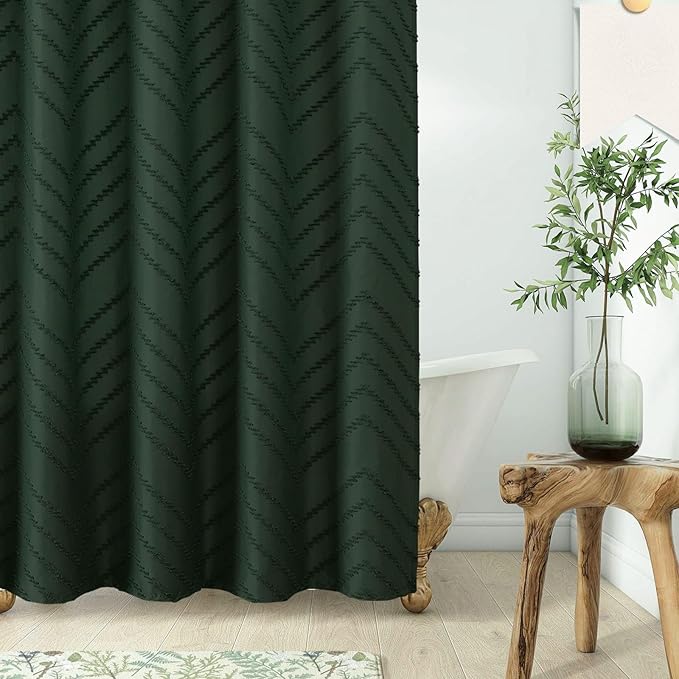84inch Extra Long Dark Green Boho Shower Curtain Woven Fabric Shower Curtain Tufted Chervon Textured Shower Curtains Minimalist Shower Curtains for Bathroom