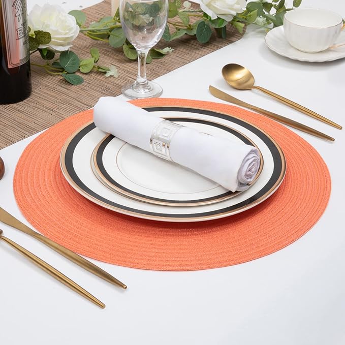 SHACOS Round Braided Placemats Set of 6 Washable Cotton Polyester Round Placemats for Kitchen Table 15 inch Round Table Mats (Coral, 6)