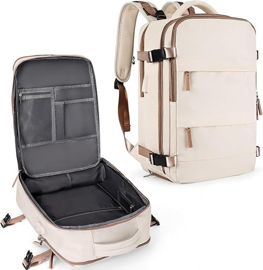coowoz Large Travel Backpack For Women Men,Carry On Backpack Flight Approved,Hiking Outdoor Rucksack Casual Daypack Travel Bag Essentials Personal Item Backpack (Beige Brown-L)