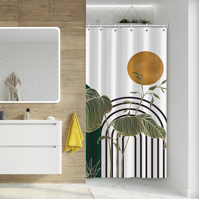 ChloropLastid Mid Century Boho Shower Curtain Minimalist Aesthetic Bath Curtain Dark Green Arch Curve Tropical Leaves Plants Geometric Art Bathroom Home Decor Fabric Waterproof Decor 36x72 inch
