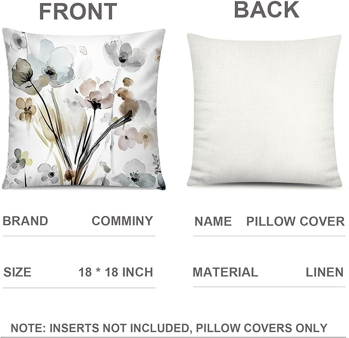 COMMINY Brown Grey Floral Pillow Cover 18x18 Set of 6 Watercolor Throw Pillow Covers Square Cushion Covers for Couch Sofa Living Room Home Decor