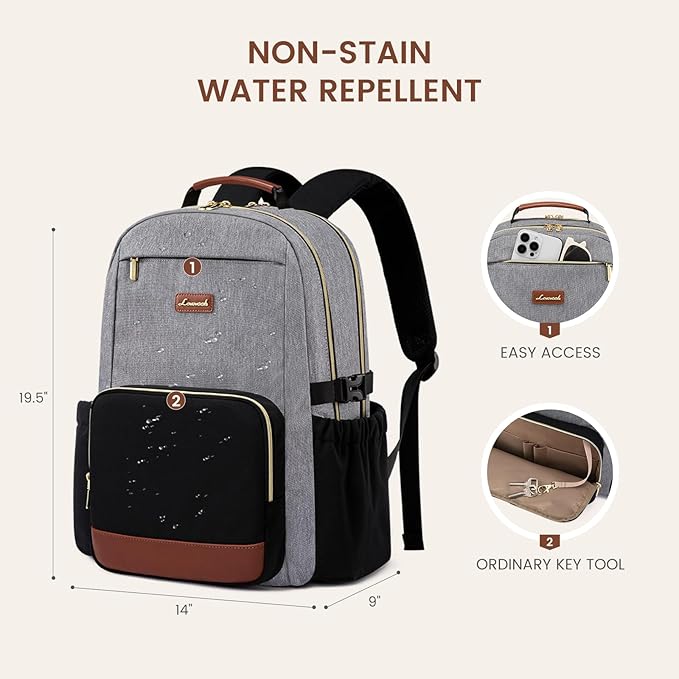 LOVEVOOK Laptop Backpack for Women with Pouch Pocket for Large Capacity Cup,18 Inch Teacher Nurse College Work Backpack Purse,Waterproof Laptop Bag Computer Back Pack for Travel, Grey-Black-Brown