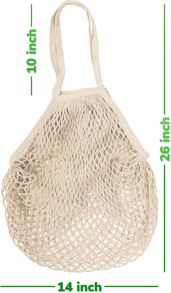 3 pack Cotton String Shopping Bags Reusable Washable Grocery Mesh Bags Organizer for Grocery Shopping Produce Net Bags with Longhandle for Fruit Vegetable Storage