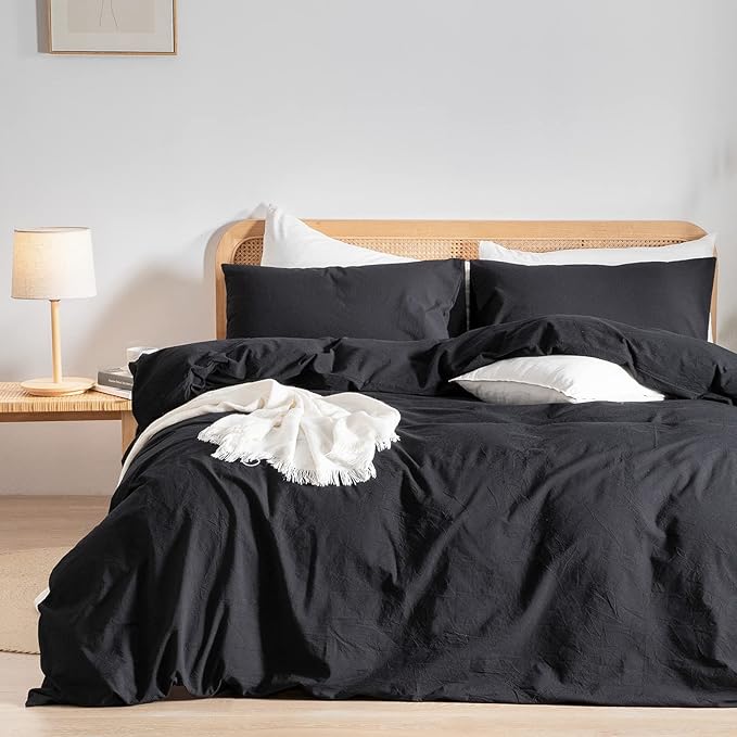 BESTOUCH Duvet Cover Set 100% Washed Cotton Linen Feel Super Soft Comfortable Chic Lightweight 3 PCs Home Bedding Set Solid Deep Black Cal King