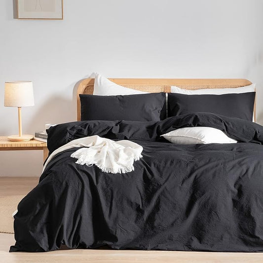 BESTOUCH Duvet Cover Set 100% Washed Cotton Linen Feel Super Soft Comfortable Chic Lightweight 3 PCs Home Bedding Set Solid Deep Black Cal King
