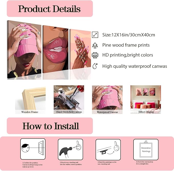 Black Girl Wall Art Set of 3 - Pink African American Woman Canvas Wall Decor Pictures, Fashion Black Woman Paintings Prints for Living Room Bedroom Bathroom Dorm 12x16 inch Framed