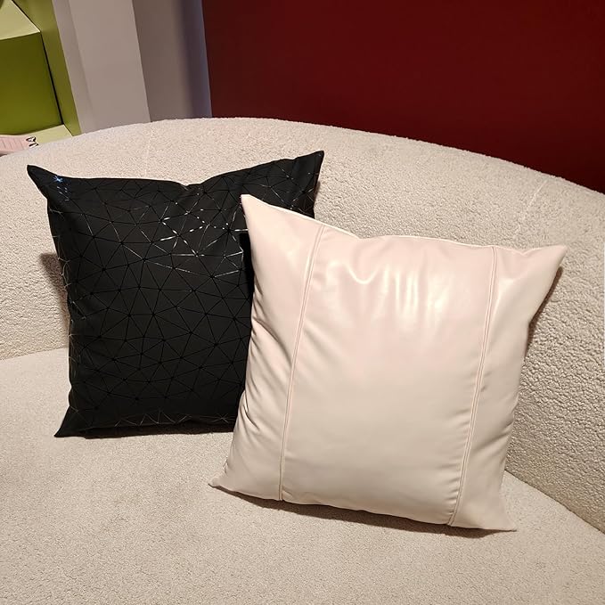 Faux Leather Throw Pillow Covers 16X16 Inch Black Stripe Outdoor Modern Farmhouse Solid Decorative Pillow Covers for Room Couch Living Bedroom Bed Sofa