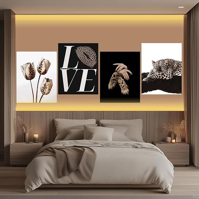 Kousne 4PCS Black and Gold Leopard Rose Print stockholm cheetah Poster Set Trendy Women’s Aesthetic Wall Art Canvas Prints Decor for Bedroom Living Room Office Beauty Salon Unframed 16x24 Inch