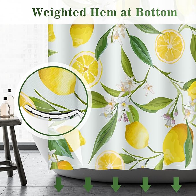 Aimego Lemon Fruit Shower Curtain - Yellow Lemon Green Leaves Plant Floral Modern Nature Fabric Cloth Bath Shower Curtain Set with 12 Hooks for Bathroom Decor Accessories, 72"x72"