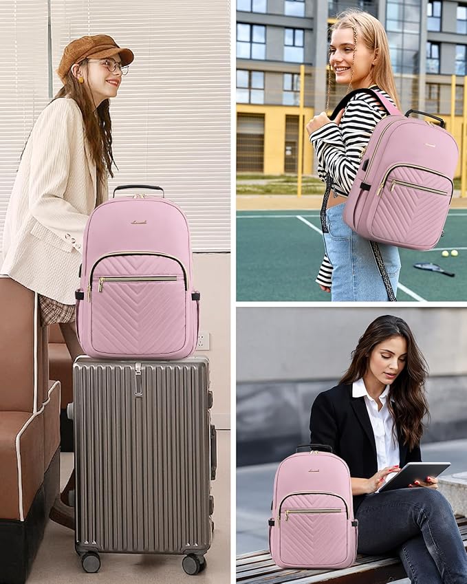 LOVEVOOK Laptop Backpack for Women, Travel Computer Work Bags with 17-inch Laptop Compartment, College School Student Bag Teen Backpacks For Girls, Outdoor Carry On Backpack Purse, Light Pink