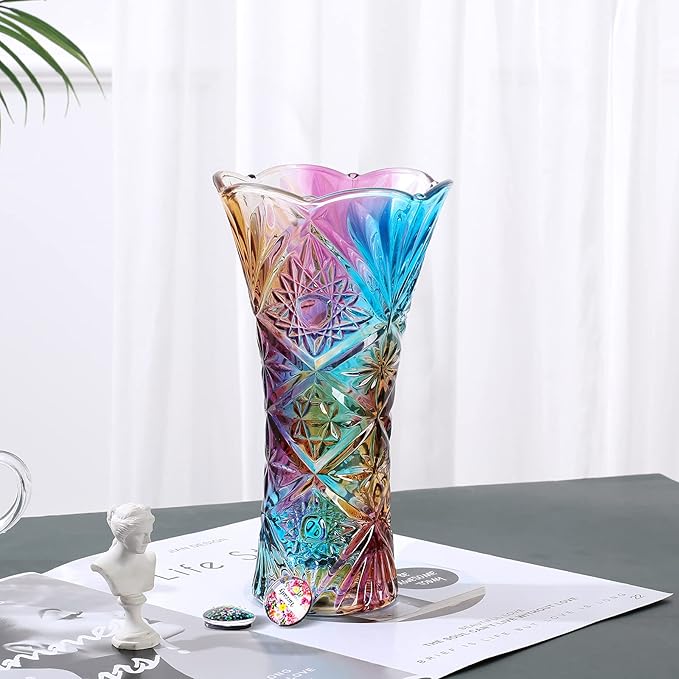 Crystal Glass Colorful Vase,Glass Flower Vase Decor for Home Dining Table Living Room,Office Wedding Holiday Party,Handmade Pattern(Sun Flower)