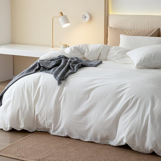 JIYUAN 100% Washed Cotton Duvet Cover Set 3 Pieces Alaska King, 1 Duvet Cover 132x120 Inches(Comforter Not Included) and 2 Pillowcases,Linen Feel Bedding Set Comfy and Breathable,Off White