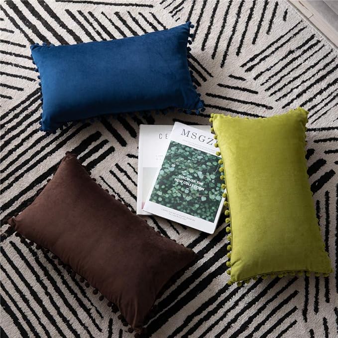 DEZENE 12x20 Throw Pillow Covers Dark-Blue: 2 Pack Cozy Soft Pom-poms Velvet Rectangular Decorative Pillow Cases for Farmhouse Home Decor