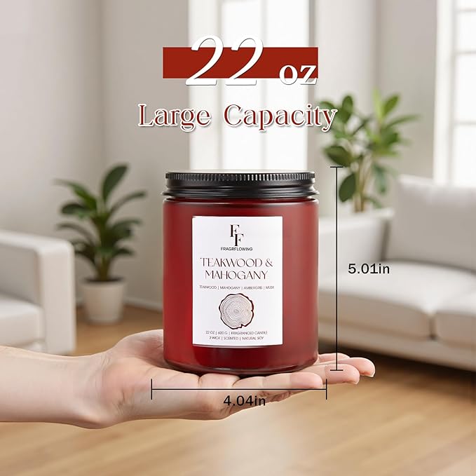 Teakwood & Mahogany Large Scented Candle, 3-Wick 22oz Long Lasting Scented Candle, Natural Soy Wax Aromatherapy Candle for Home, Autumn Candle Gifts for Women Men