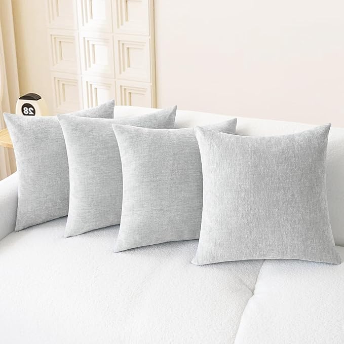 CaliTime Throw Pillow Covers Decorative 18 X 18 Inches Pack of 4 Cozy Chenille Cushion Cases for Couch Sofa Bed Living Room Home Moonbeam Gray