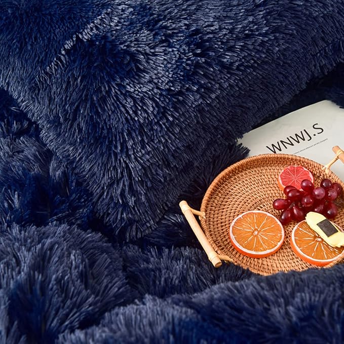 MorroMorn 5 PCS Shaggy Duvet Cover Bedding Set - Long Faux Fur Luxury Ultra Soft Cozy (Navy, King/California King)