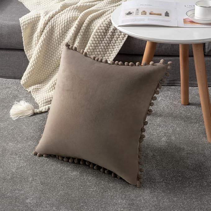 DEZENE Decorative Pillow Covers 18x18 Taupe: 2 Pack Cozy Soft Pom-poms Velvet Square Throw Pillow Cases for Farmhouse Home Decor