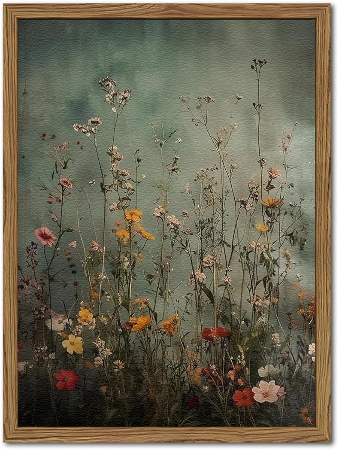 Vintage Wildflower Wall Art, Green Flower Wall Decor Painting, Hand Drawn Sandstone 3D Textured Farmhouse Botanical Nature Landscape Artwork for Living Room Bedroom 16x24 inch Wood Framed