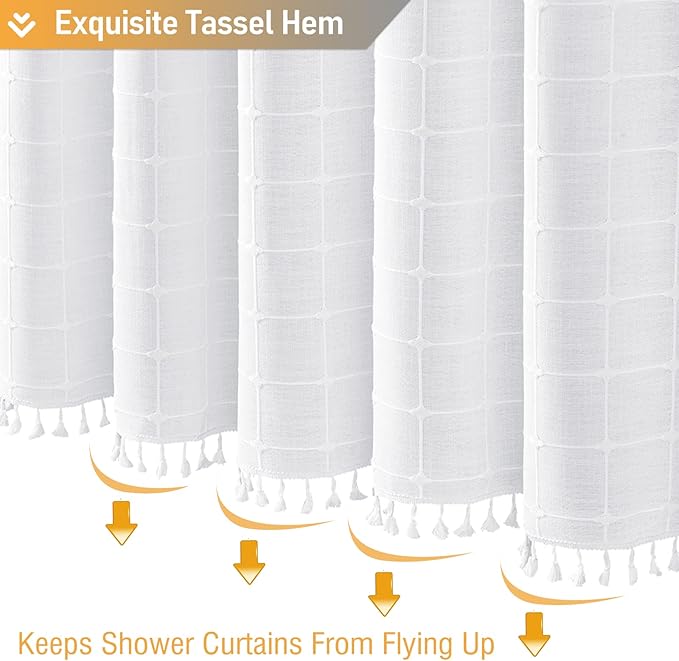 BTTN Boho Farmhouse Shower Curtain, Linen Rustic Heavy Duty Fabric Shower Curtain Set with Tassel, Bohemian Country Ultra Thick Shower Curtain for Bathroom, Wrinkle Free, Water Repellent, White, 72x72