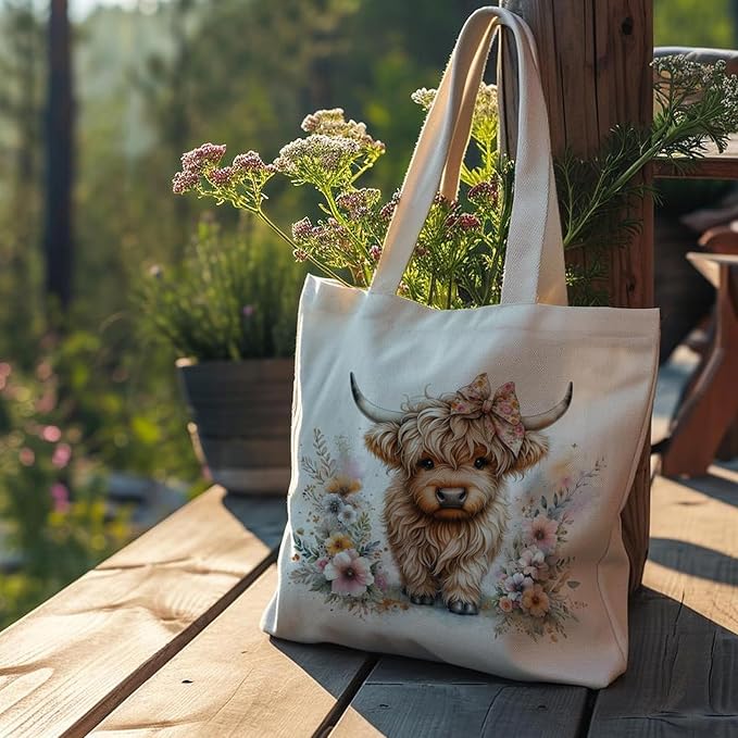 Western Highland Cow Canvas Tote Bag - Highland Cow Lover Gifts,Canvas Shoulder Bag for Women for Girls