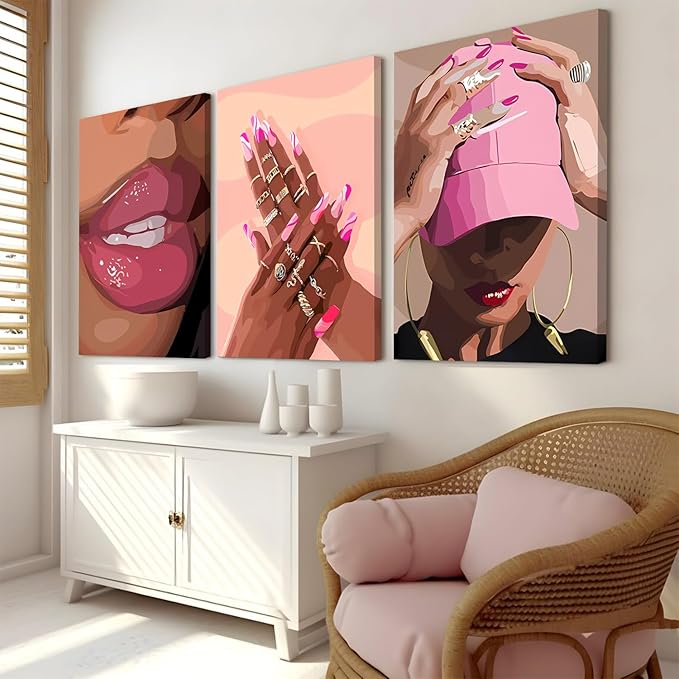 Black Girl Wall Art Set of 3 - Pink African American Woman Canvas Wall Decor Pictures, Fashion Black Woman Paintings Prints for Living Room Bedroom Bathroom Dorm 16x24 inch Framed