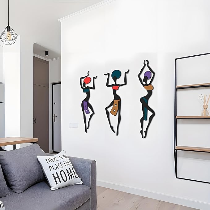 African Wall Decor Art, 3 Pieces Metal Wall Aesthetic Hallway Decor accessories, Maximalist Hanging Wall Decor, Ethnic Dance Style Drawing Wall Decorations, For Home Living Room Bedroom and Bathroom