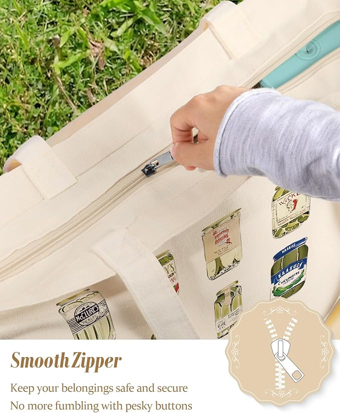 Large Tote Bag for Women - Aesthetic Cute Big Canvas Bags with Zipper Cotton Shoulder Bag for Gym, Travel, Work