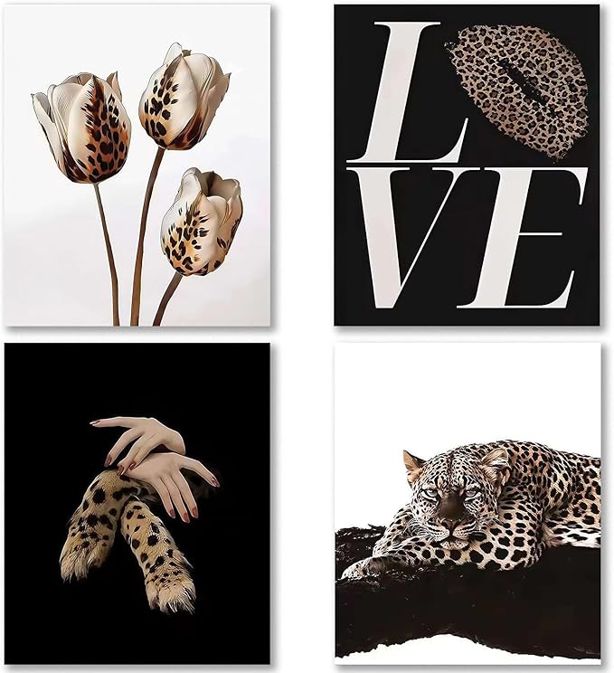 Kousne 4PCS Black and Gold Leopard Rose Print stockholm cheetah Poster Set Trendy Women’s Aesthetic Wall Art Canvas Prints Decor for Bedroom Living Room Office Beauty Salon Unframed 12x16 Inch