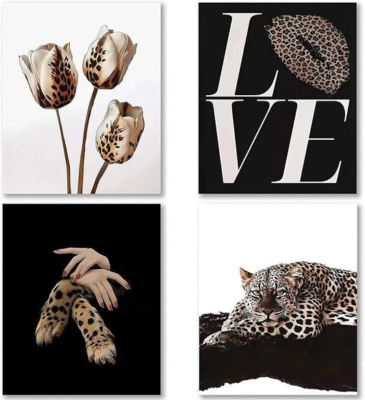 Kousne 4PCS Black and Gold Leopard Rose Print stockholm cheetah Poster Set Trendy Women’s Aesthetic Wall Art Canvas Prints Decor for Bedroom Living Room Office Beauty Salon Unframed 12x16 Inch