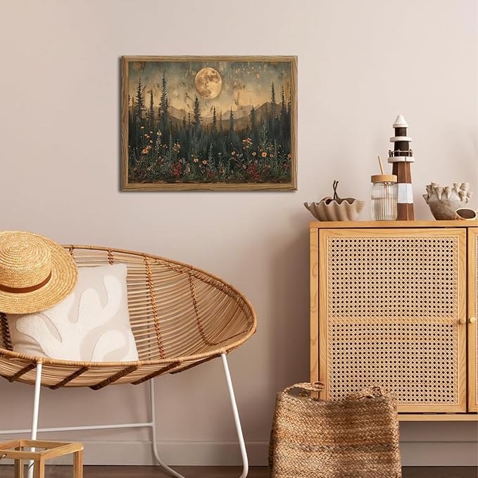 Vintage Moon Forest Wall Art, 3D Textured Nature Landscape Wall Decor Paintings, Hand Drawn Sandstone Woodland Wildflower Picture Prints Artwork for Bedroom Living Room 12x16 inch Wood Framed