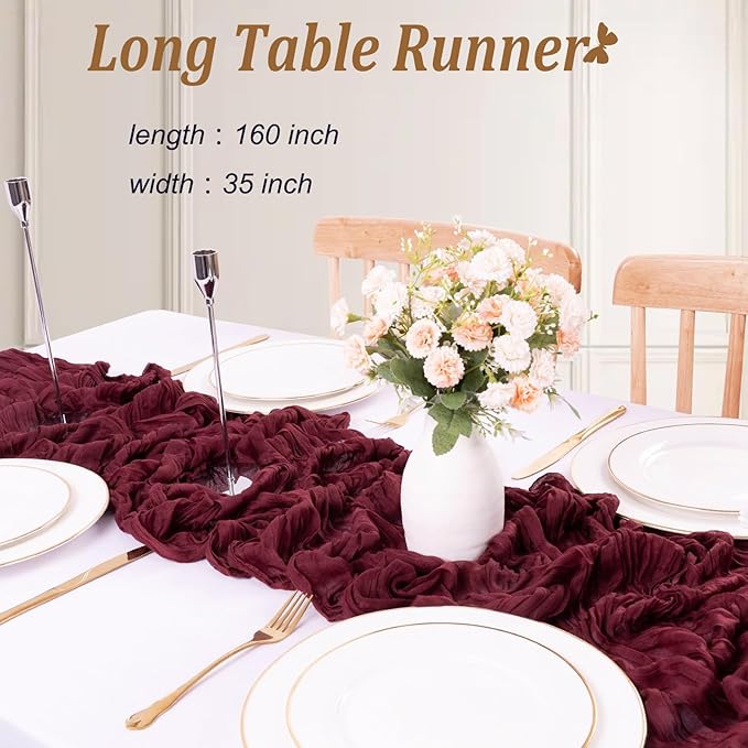 13.3FT Long Cheesecloth Table Runner Boho Table Runner Burgundy Vintage Rustic Gauze Wedding Dining Table Decorations for Holiday Birthday Party Baby Shower Event Decorations