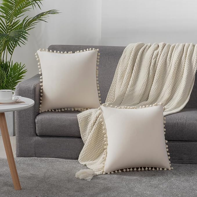 DEZENE Couch Pillow Covers 16x16 Beige: 2 Pack Cozy Soft Pom-poms Velvet Square Throw Pillow Cases for Farmhouse Home Decor