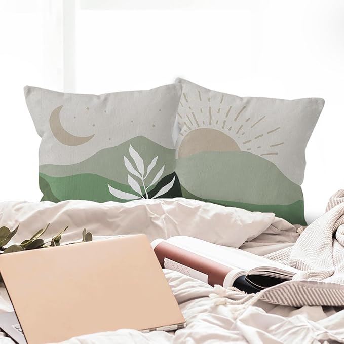 HIWX Boho Pillow Covers, Sun Moon Mountains Decorative Pillowcase Throw Pillows, Set of 2 (Green, 18x18)