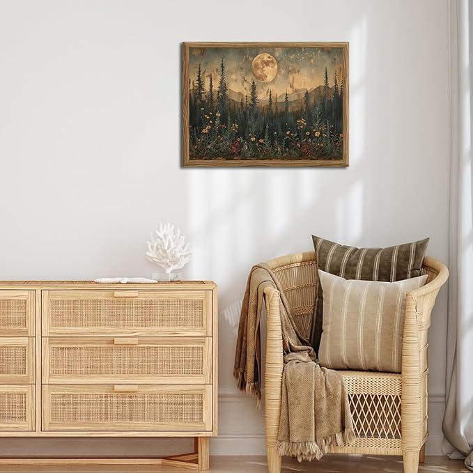 Vintage Moon Forest Wall Art, 3D Textured Nature Landscape Wall Decor Paintings, Hand Drawn Sandstone Woodland Wildflower Picture Prints Artwork for Bedroom Living Room 16x24 inch Wood Framed