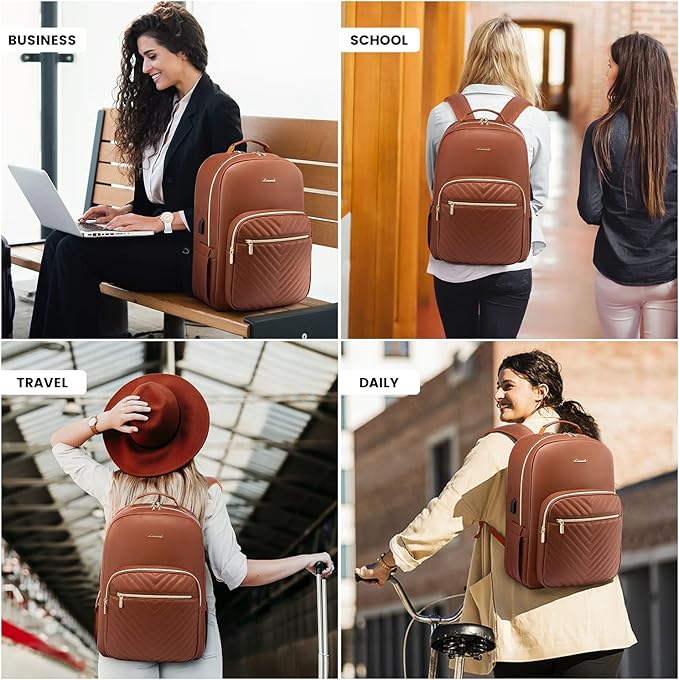 LOVEVOOK Laptop Backpack Purse for Women, Large Capacity Travel Computer Work Bag, Faux PU Leather Quilted Casual Nurse Backpack for Womens, Fit 15.6 Inch Laptop with USB Port, Brown