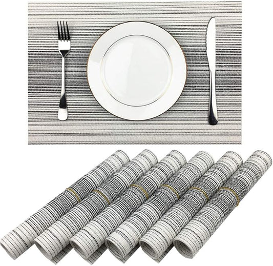 Placemat,Blending Color Durable Woven Vinyl Placemat Washable Heat-Resistant Anti-Skid Kitchen Dining Table Mats (Set of 6, Black with White)