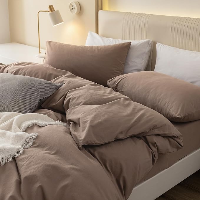 JIYUAN 100% Washed Cotton Duvet Cover Set 3 PCS Oversized King Plus, 1 Duvet Cover 128"x120"(Comforter Not Included) and 2 Pillowcases,Linen Feel Bedding Set Comfy and Breathable,Light Brown